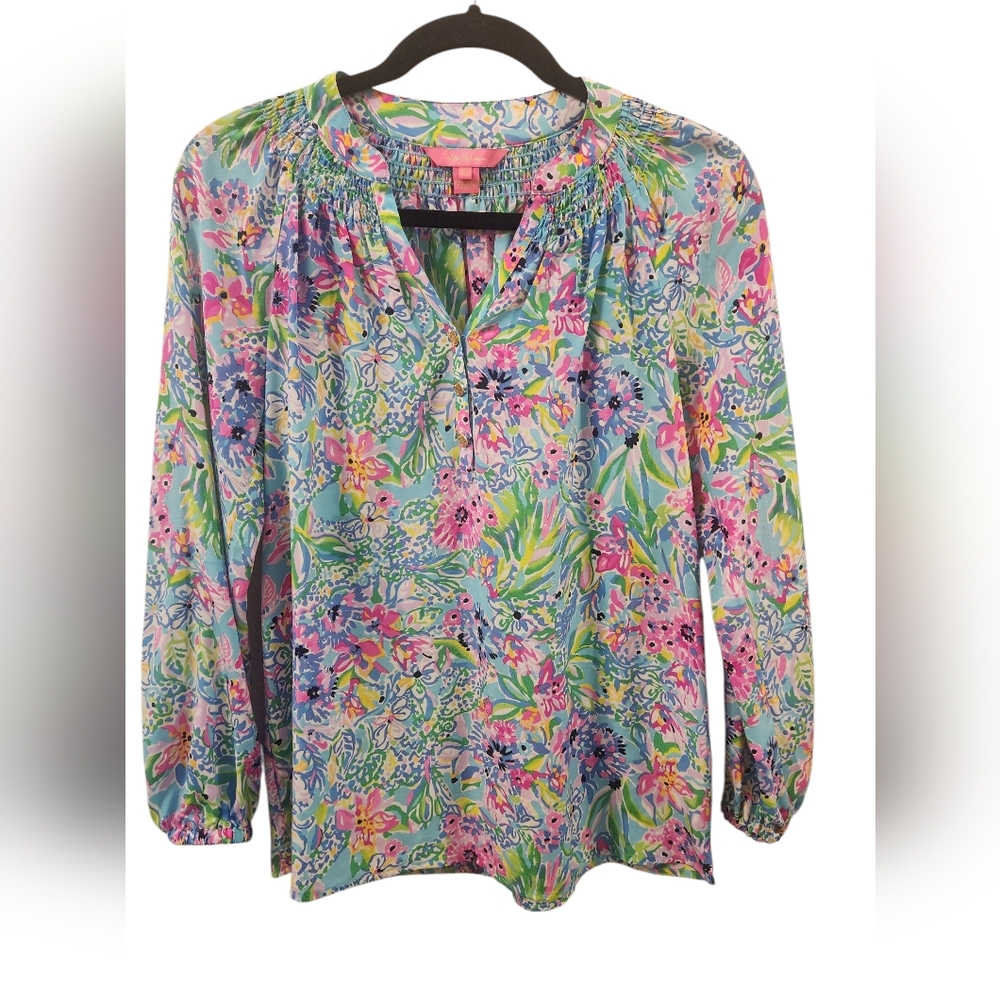 Lilly Pulitzer Multicolor Floral Smocked Neck ElsaBlouse